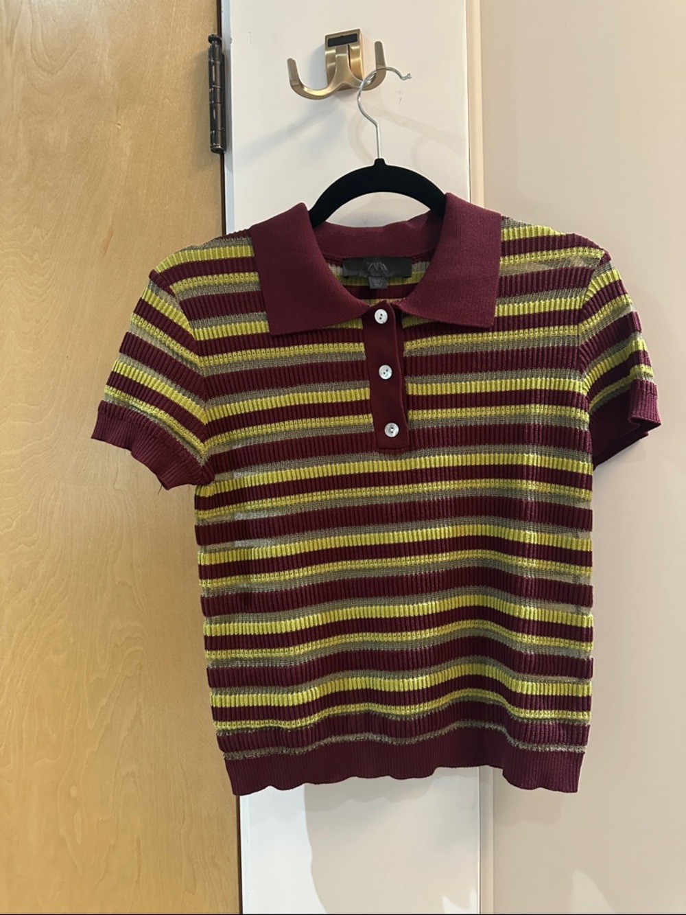 Zara Striped Polo Knit Top in Burgundy and Lime